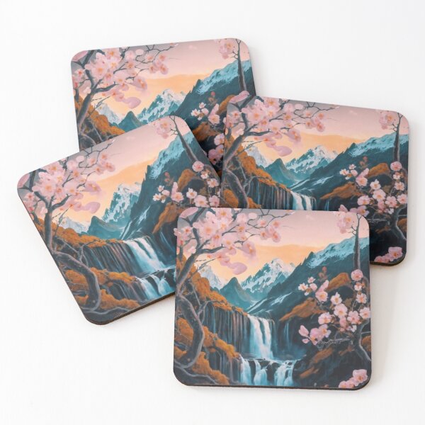 Item preview, Japanese landscape - waterfall between mountains - traditional modern watercolor abstract painting designed and sold by BajoTShop.