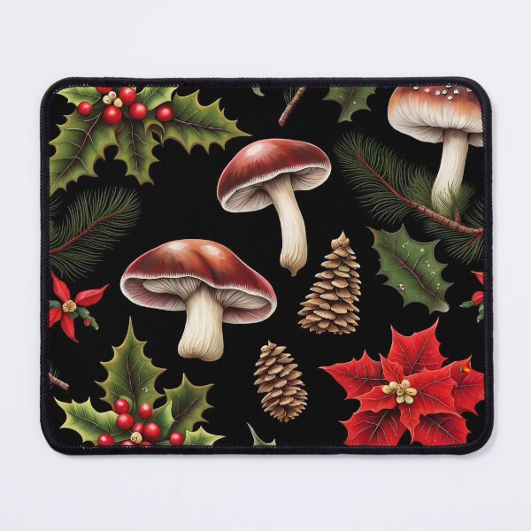 Item preview, Christmas Mushroom Holly Poinsettia Pinecone Black Pattern designed and sold by SquirmArt.