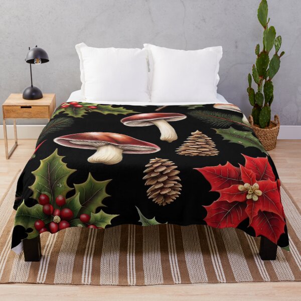 Item preview, Christmas Mushroom Holly Poinsettia Pinecone Black Pattern designed and sold by SquirmArt.