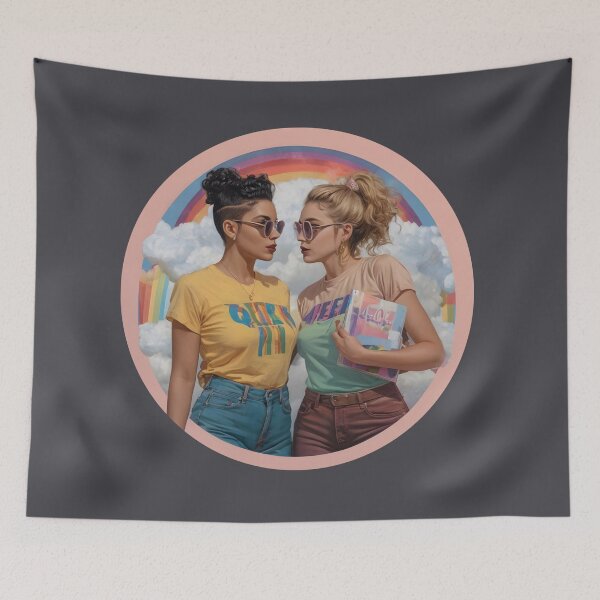 Item preview, Two Women Embracing Under a Vibrant Rainbow designed and sold by whimsiqueer.