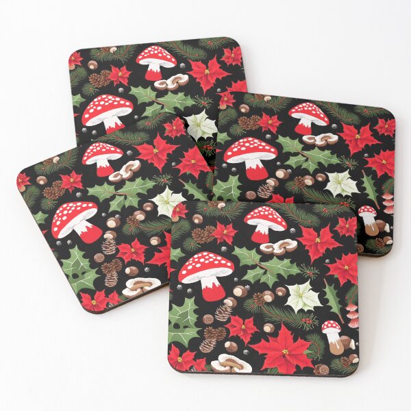 Item preview, Christmas Mushroom Poinsettia Black Pattern designed and sold by SquirmArt.