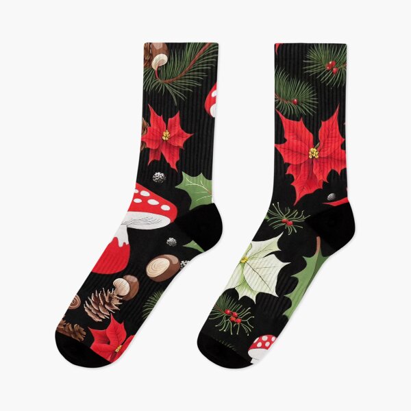Item preview, Christmas Mushroom Poinsettia Black Pattern designed and sold by SquirmArt.