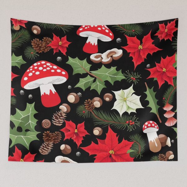 Item preview, Patrón negro de poinsettia de setas navideñas designed and sold by SquirmArt.