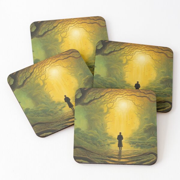 Item preview, A Surrealist Forest With Millennial Trees Covers Up A Lonely Man Walking Towards The Sun In Greenish World designed and sold by CG Studio.