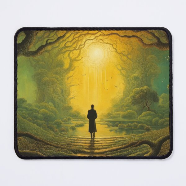 Item preview, A Surrealist Forest With Millennial Trees Covers Up A Lonely Man Walking Towards The Sun In Greenish World designed and sold by CG Studio.