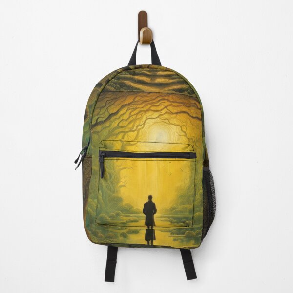 Item preview, A Surrealist Forest With Millennial Trees Covers Up A Lonely Man Walking Towards The Sun In Greenish World designed and sold by CG Studio.