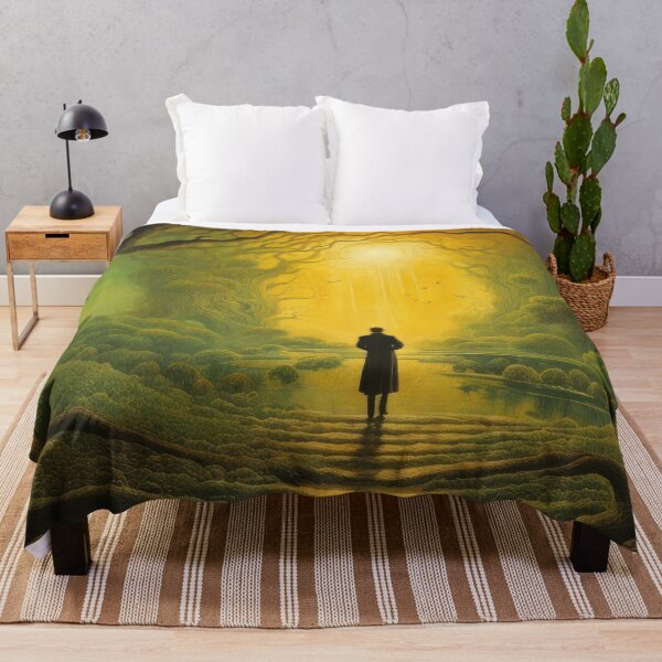 Item preview, A Surrealist Forest With Millennial Trees Covers Up A Lonely Man Walking Towards The Sun In Greenish World designed and sold by CG Studio.