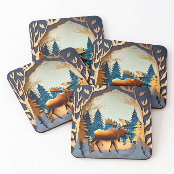 Item preview, Moose, Gold, Layered Paper, Paper Cut, Trees, Cabin, Forest, Blue, Dark Blue, Orange, Copper designed and sold by Golden-Feathers.