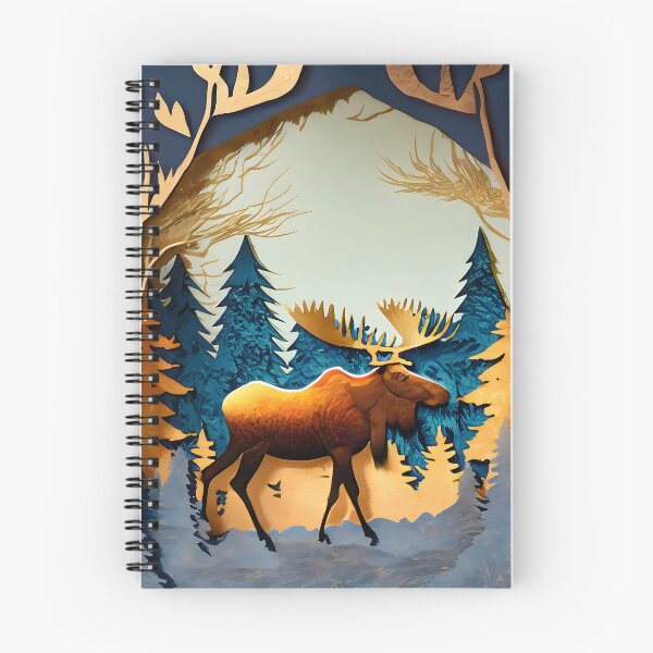 Item preview, Moose, Gold, Layered Paper, Paper Cut, Trees, Cabin, Forest, Blue, Dark Blue, Orange, Copper designed and sold by Golden-Feathers.