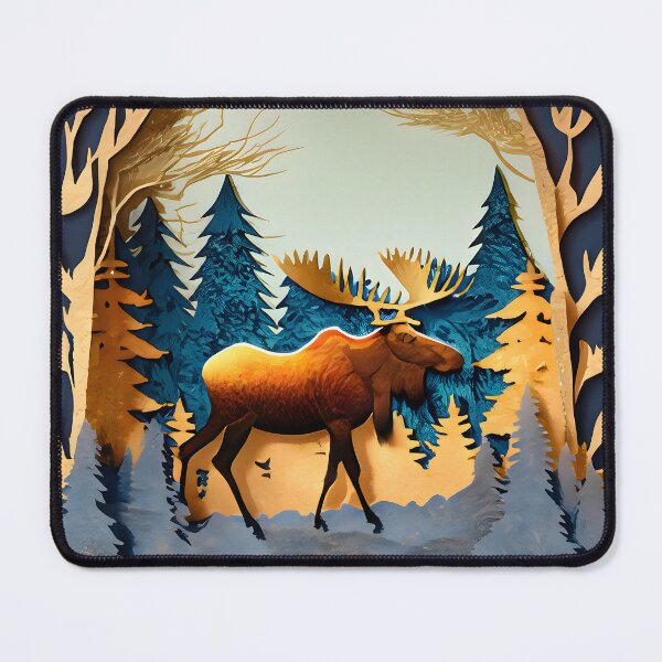 Item preview, Moose, Gold, Layered Paper, Paper Cut, Trees, Cabin, Forest, Blue, Dark Blue, Orange, Copper designed and sold by Golden-Feathers.