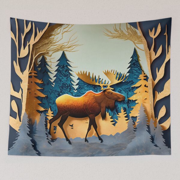 Item preview, Moose, Gold, Layered Paper, Paper Cut, Trees, Cabin, Forest, Blue, Dark Blue, Orange, Copper designed and sold by Golden-Feathers.