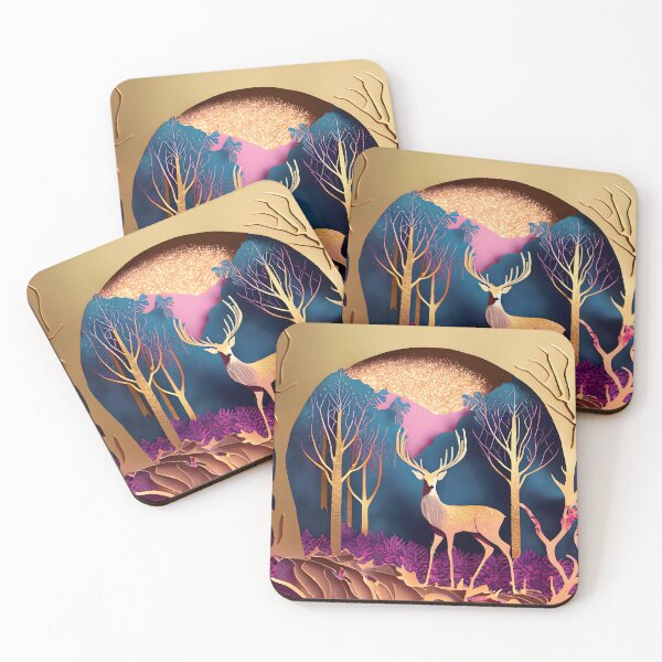 Item preview, Deer, Gold, Layered Paper, Paper Cut, Trees, Cabin, Forest, Blue, Dark Blue, Pink, Magenta designed and sold by Golden-Feathers.