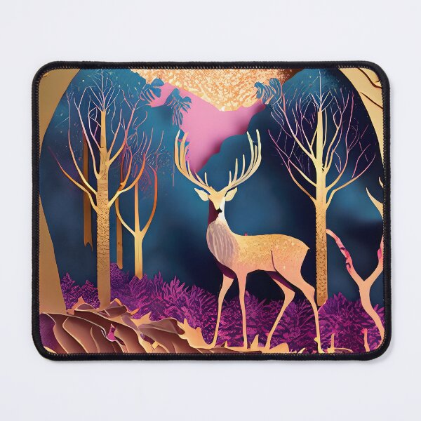 Item preview, Deer, Gold, Layered Paper, Paper Cut, Trees, Cabin, Forest, Blue, Dark Blue, Pink, Magenta designed and sold by Golden-Feathers.
