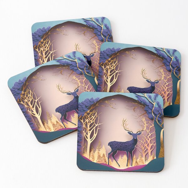 Item preview, Deer, Gold, Layered Paper, Paper Cut, Trees, Cabin, Forest, Blue, Dark Blue, Magenta, Purple designed and sold by Golden-Feathers.