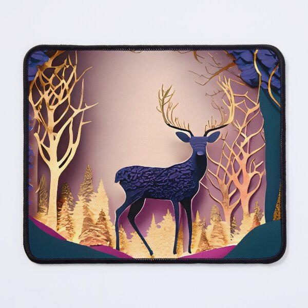 Item preview, Deer, Gold, Layered Paper, Paper Cut, Trees, Cabin, Forest, Blue, Dark Blue, Magenta, Purple designed and sold by Golden-Feathers.