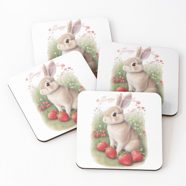 Item preview, Christmas Funny Pun "Berry Christmas" Traditional Watercolor Cottagecore Cute Bunny Rabbit with Flowers in a Strawberry Field designed and sold by BardCoreDesigns.
