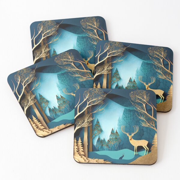 Item preview, Deer, Gold, Layered Paper, Paper Cut, Trees, Cabin, Forest, Blue, Dark Blue, Teal designed and sold by Golden-Feathers.