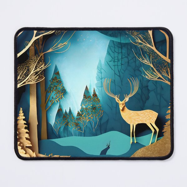 Item preview, Deer, Gold, Layered Paper, Paper Cut, Trees, Cabin, Forest, Blue, Dark Blue, Teal designed and sold by Golden-Feathers.