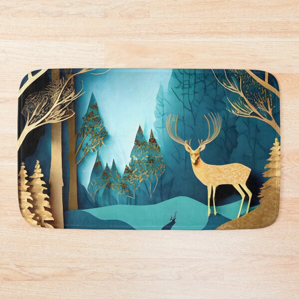 Item preview, Deer, Gold, Layered Paper, Paper Cut, Trees, Cabin, Forest, Blue, Dark Blue, Teal designed and sold by Golden-Feathers.