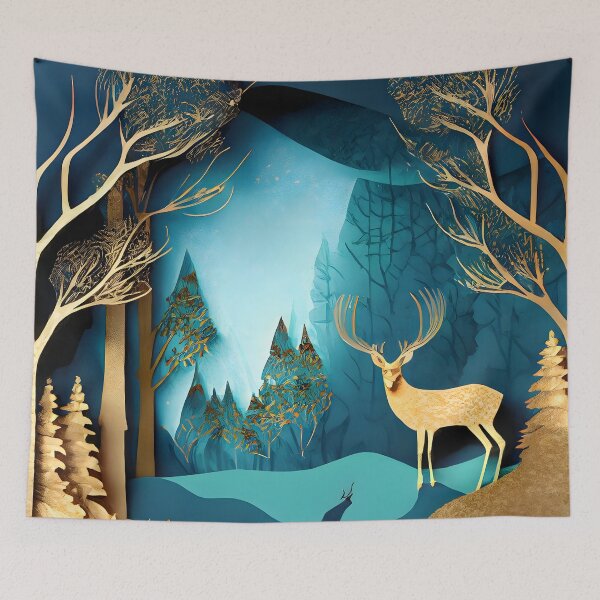 Item preview, Deer, Gold, Layered Paper, Paper Cut, Trees, Cabin, Forest, Blue, Dark Blue, Teal designed and sold by Golden-Feathers.