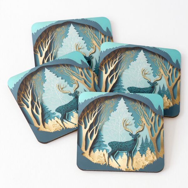 Item preview, Deer, Gold, Layered Paper, Paper Cut, Trees, Cabin, Forest, Blue, Dark Blue, Teal designed and sold by Golden-Feathers.