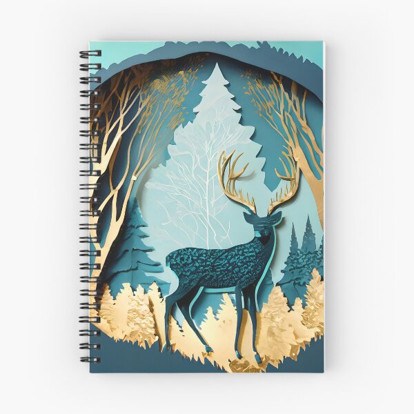Item preview, Deer, Gold, Layered Paper, Paper Cut, Trees, Cabin, Forest, Blue, Dark Blue, Teal designed and sold by Golden-Feathers.