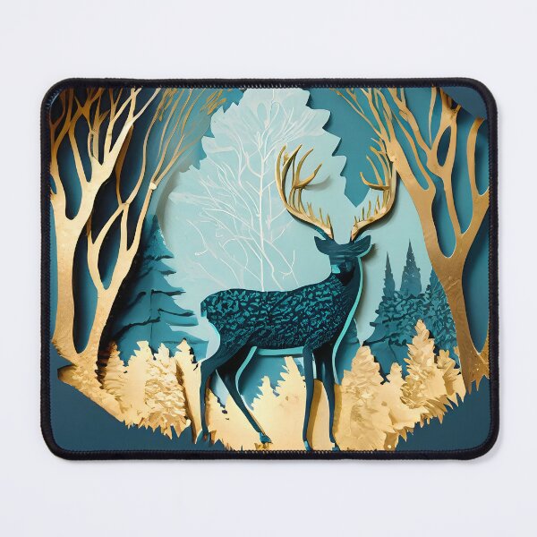 Item preview, Deer, Gold, Layered Paper, Paper Cut, Trees, Cabin, Forest, Blue, Dark Blue, Teal designed and sold by Golden-Feathers.