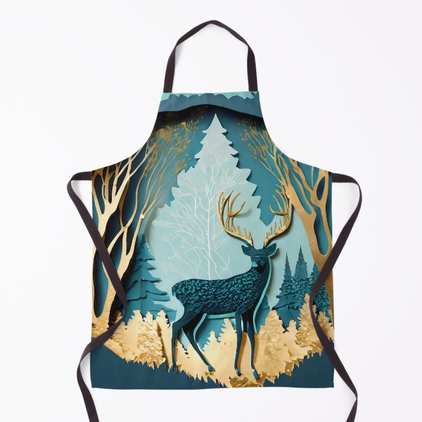 Item preview, Deer, Gold, Layered Paper, Paper Cut, Trees, Cabin, Forest, Blue, Dark Blue, Teal designed and sold by Golden-Feathers.