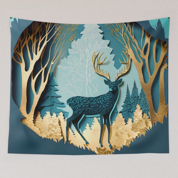 Item preview, Deer, Gold, Layered Paper, Paper Cut, Trees, Cabin, Forest, Blue, Dark Blue, Teal designed and sold by Golden-Feathers.
