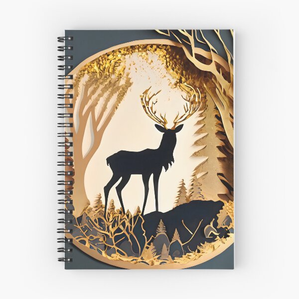 Item preview, Deer, Gold, Layered Paper, Paper Cut, Trees, Cabin, Forest, Black, Gray, Grey designed and sold by Golden-Feathers.