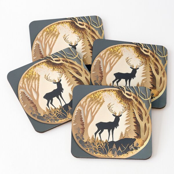 Item preview, Deer, Gold, Layered Paper, Paper Cut, Trees, Cabin, Forest, Black, Gray, Grey designed and sold by Golden-Feathers.
