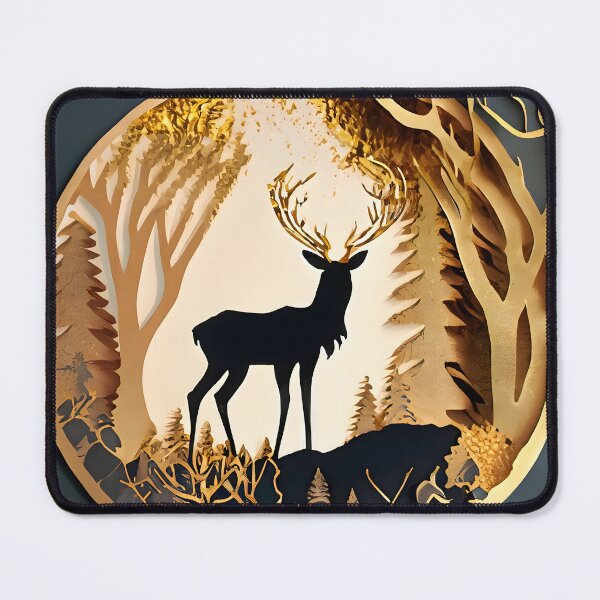 Item preview, Deer, Gold, Layered Paper, Paper Cut, Trees, Cabin, Forest, Black, Gray, Grey designed and sold by Golden-Feathers.