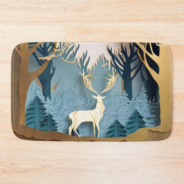 Item preview, Deer, Gold, Layered Paper, Paper Cut, Trees, Cabin, Forest, Blue, Dark Blue, Winter, Christmas, White, Cream designed and sold by Golden-Feathers.
