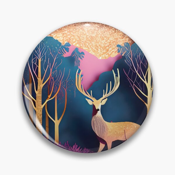 Item preview, Deer, Gold, Layered Paper, Paper Cut, Trees, Cabin, Forest, Blue, Dark Blue, Pink, Magenta designed and sold by Golden-Feathers.
