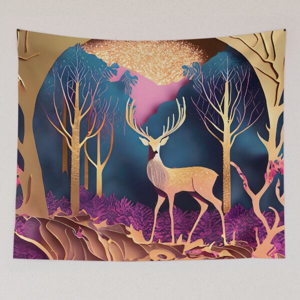 Item preview, Deer, Gold, Layered Paper, Paper Cut, Trees, Cabin, Forest, Blue, Dark Blue, Pink, Magenta designed and sold by Golden-Feathers.