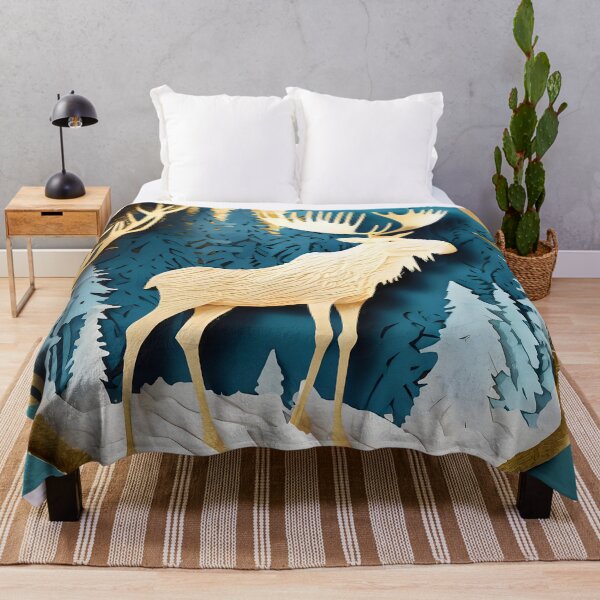 Item preview, Moose, Gold, Layered Paper, Paper Cut, Trees, Cabin, Forest, Blue, Dark Blue, White  designed and sold by Golden-Feathers.