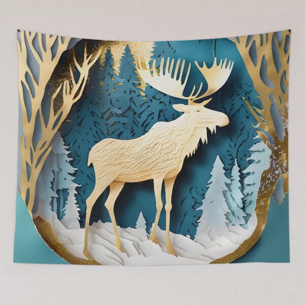 Item preview, Moose, Gold, Layered Paper, Paper Cut, Trees, Cabin, Forest, Blue, Dark Blue, White  designed and sold by Golden-Feathers.