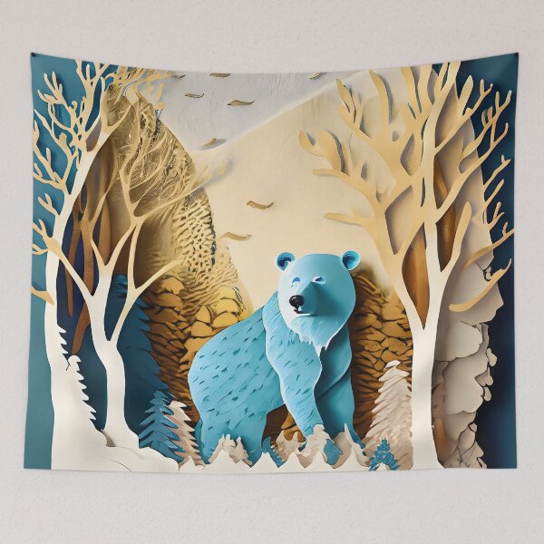 Item preview, Winter Bear, Gold, Layered Paper, Paper Cut, Trees, Cabin, Forest, Blue, Dark Blue designed and sold by Golden-Feathers.