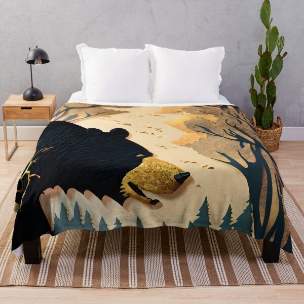 Item preview, Bear, Gold, Layered Paper, Paper Cut, Trees, Cabin, Forest, Blue, Dark Blue, Black designed and sold by Golden-Feathers.