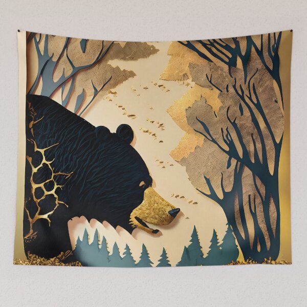 Item preview, Bear, Gold, Layered Paper, Paper Cut, Trees, Cabin, Forest, Blue, Dark Blue, Black designed and sold by Golden-Feathers.