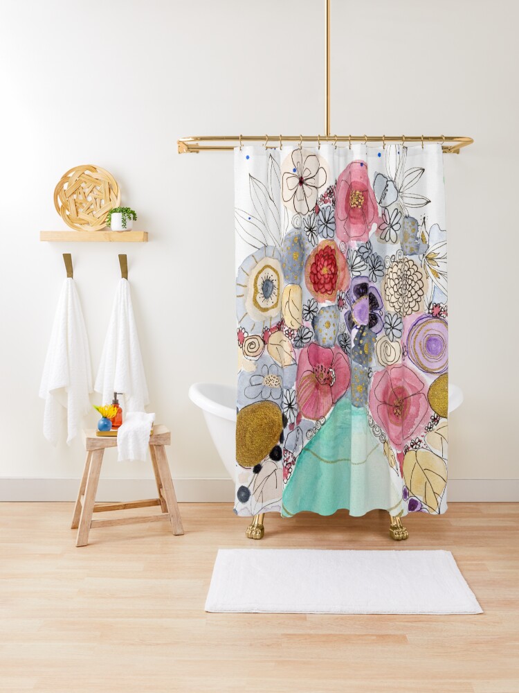 Thumbnail 1 of 5, Shower Curtain, Turquoise vase with fantasy flowers designed and sold by BirgitteB.
