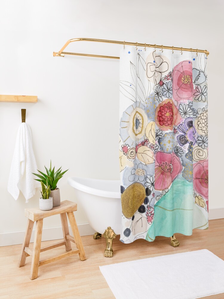 Thumbnail 3 of 5, Shower Curtain, Turquoise vase with fantasy flowers designed and sold by BirgitteB.