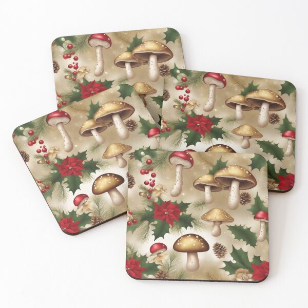 Item preview, Christmas Mushroom Poinsettia Gold Pattern designed and sold by SquirmArt.