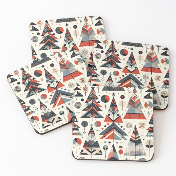 Item preview, Moden Geometric Christmas Tree mid Century Rust Red Greys Beige Peach pattern Nordic Scandinavian  designed and sold by CoffeeIsATrip.