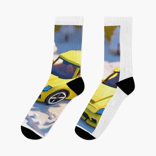 Item preview, doll looking blonde girl wearing white mini dress standing in front of a yellow sports car parked in the snow designed and sold by thebitsinc.