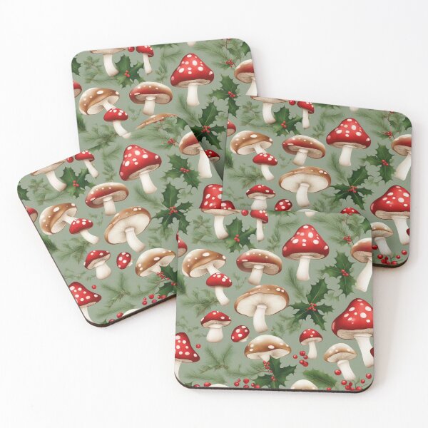 Item preview, Christmas Mushroom Holly Berry Green Pattern designed and sold by SquirmArt.
