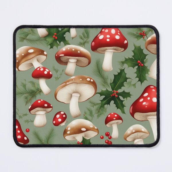 Item preview, Christmas Mushroom Holly Berry Green Pattern designed and sold by SquirmArt.