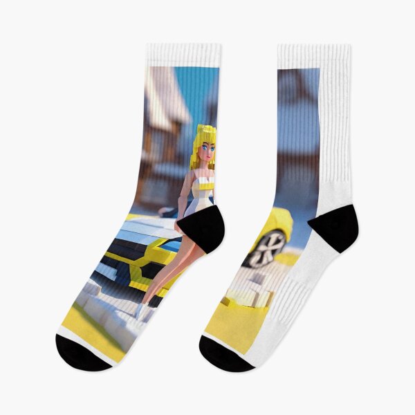 Item preview, doll looking blonde girl wearing white mini dress standing in front of a yellow sports car parked in the snow designed and sold by thebitsinc.