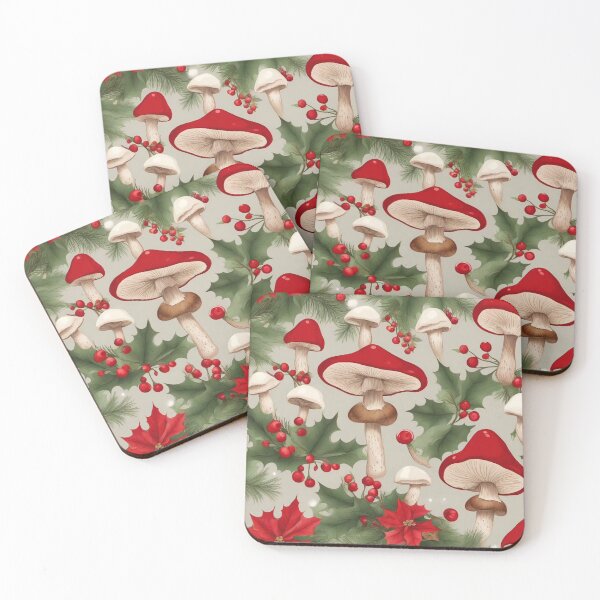 Item preview, Christmas Mushroom Holly Berry White Pattern designed and sold by SquirmArt.