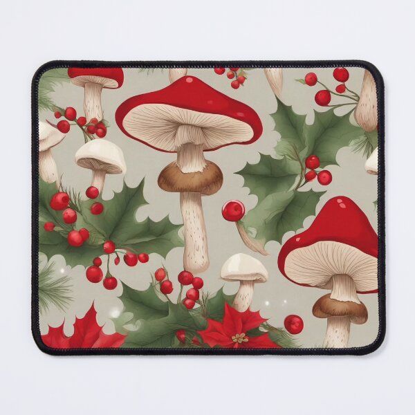 Item preview, Christmas Mushroom Holly Berry White Pattern designed and sold by SquirmArt.